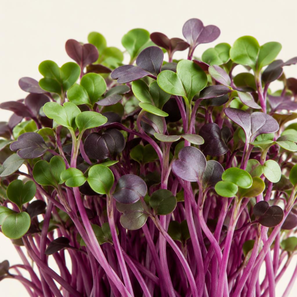Botanical concept photograph of red cabbage microgreens with purple stems