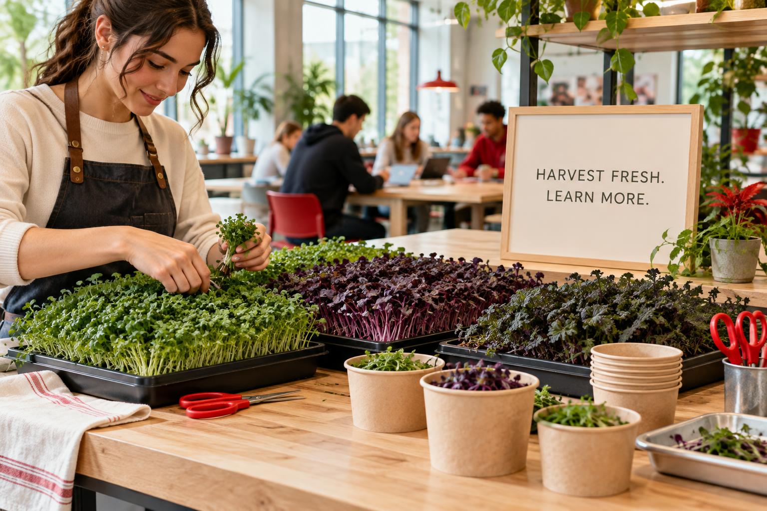 Proposed harvesting station with living microgreens, produce cups and original educational signage