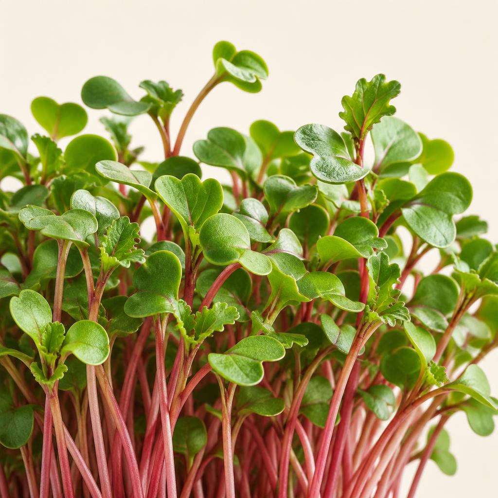 Botanical concept photograph of vibrant red-stemmed kale microgreens