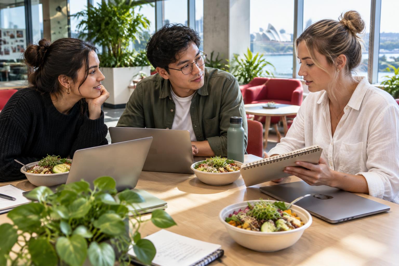 Concept of fictional founders collaborating over notebooks, laptops and microgreen bowls