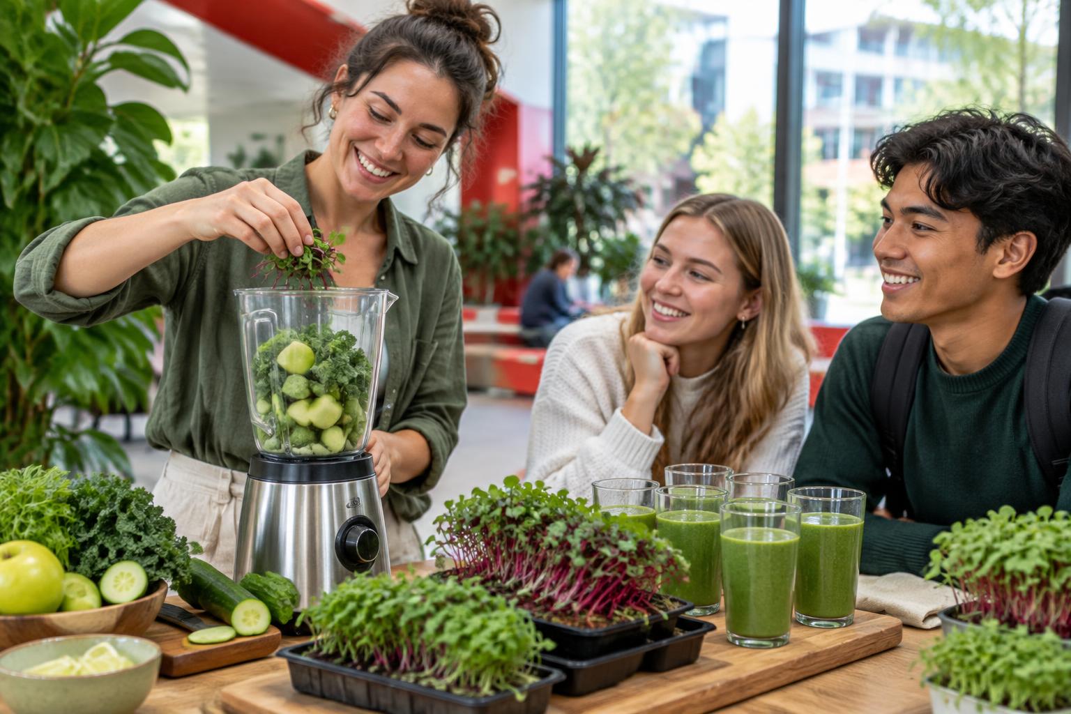 Concept of fictional young adults sharing a fresh green smoothie demonstration