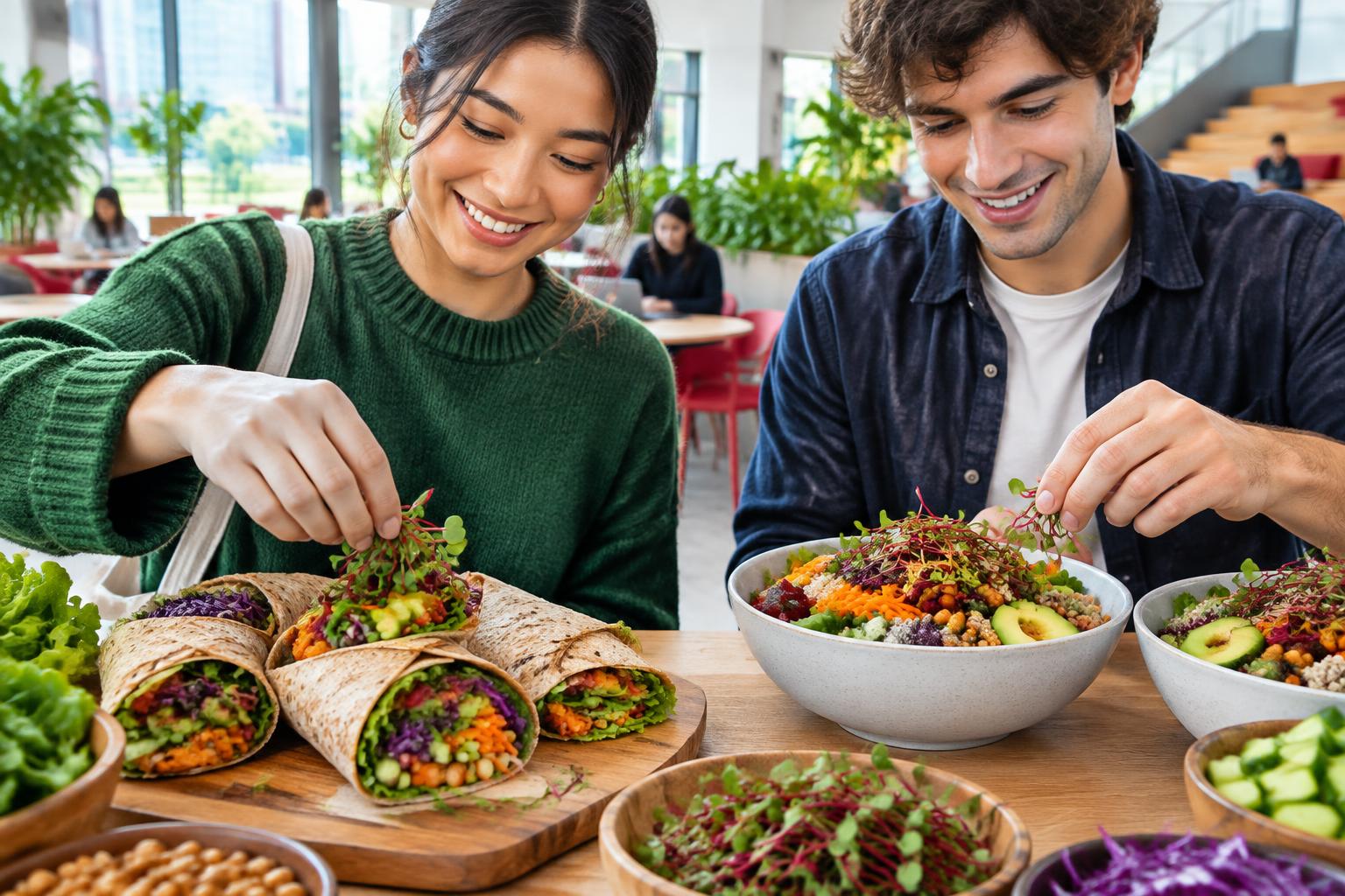 Concept of fictional students and founders adding microgreens to lunch bowls and wraps